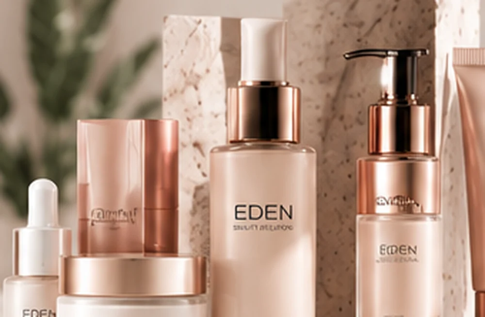 Eden kozmetik ambalaj koleksiyonu — krem kavanozları, serum şişeleri ve tüpler